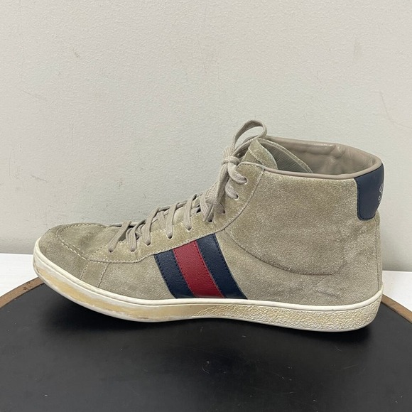 Gucci Sneakers Mens Size 8G Beige Suede Web Stripe High Top Sneakers Italy